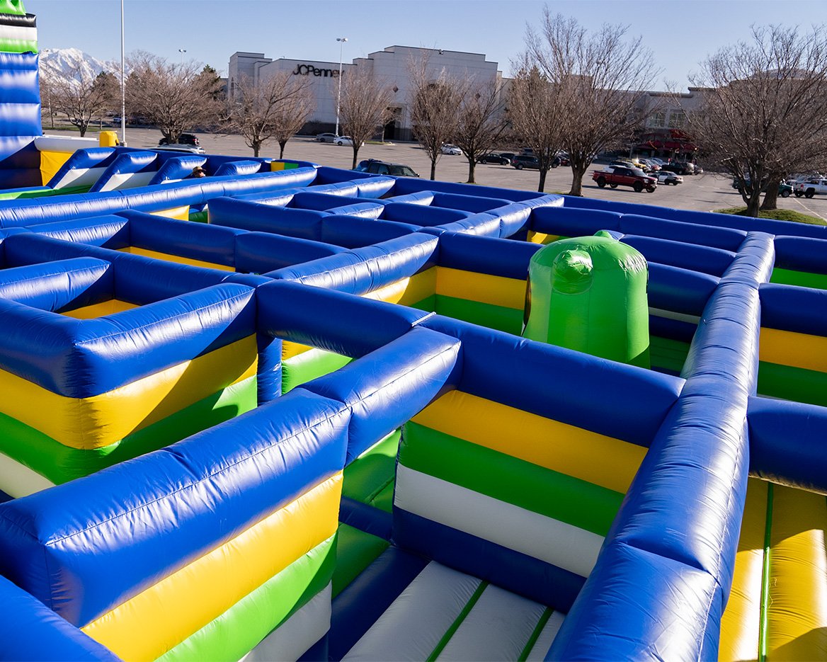 Aerial view of a maze at one of the world's largest bounce houses